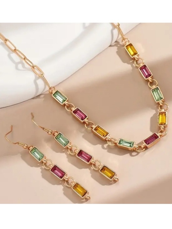 Jewelry - Multi Color Crystal Gold Tone Necklace and Dangle Earrings Set